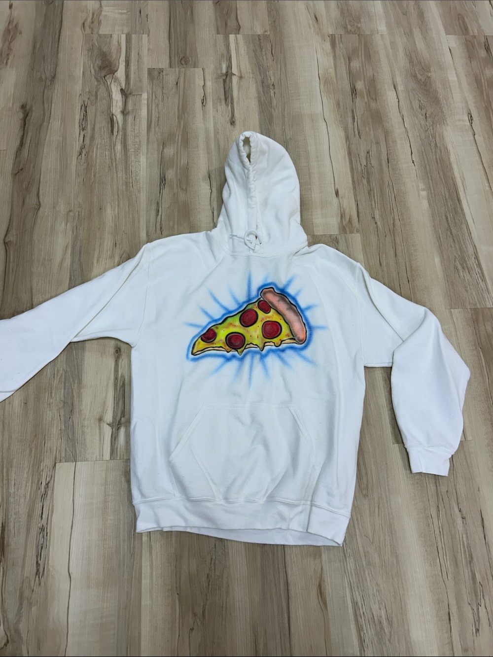 Gildan White Hoodie with Colorful Pizza Slice handmade Graphic